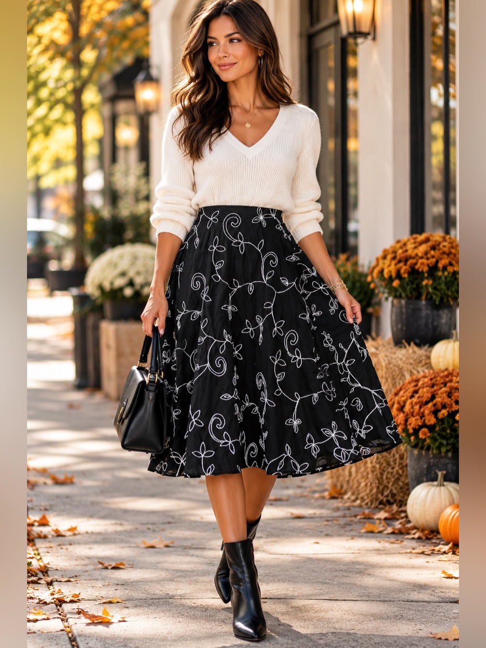 Caslon Embroidered Black White Cotton A-Line Midi Skirt Size 8